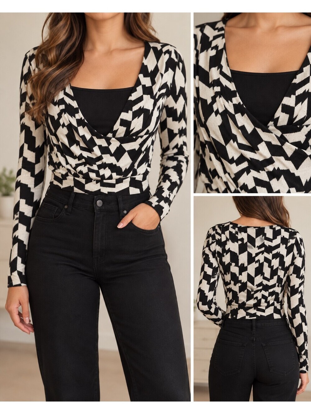 Black Ivory Houndstooth Cropped Wrap Knit Top XXS